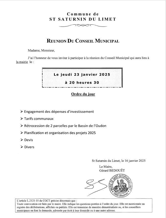 Convocation Conseil municipal 23/01/2025