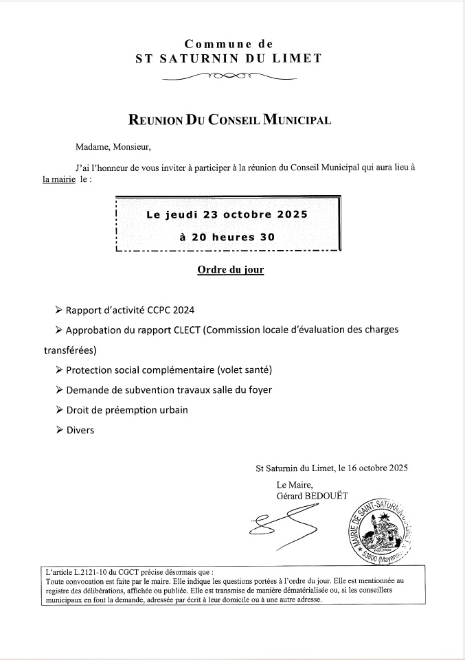 Convocation conseil municipal 23/10/2025
