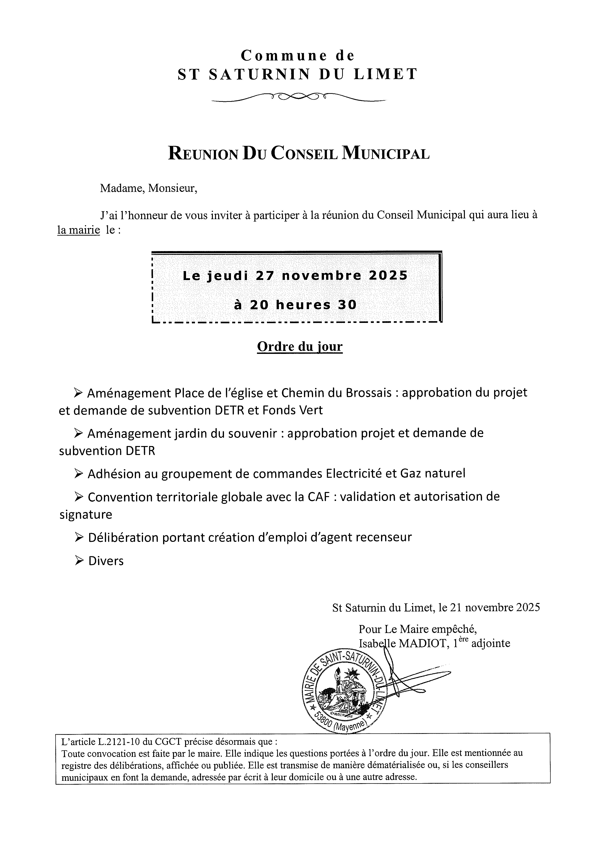 Convocation conseil municipal 27/11/2025